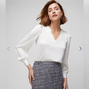 White House Black Market Long Sleeve Topstitch Satin Blouse in Ecru New